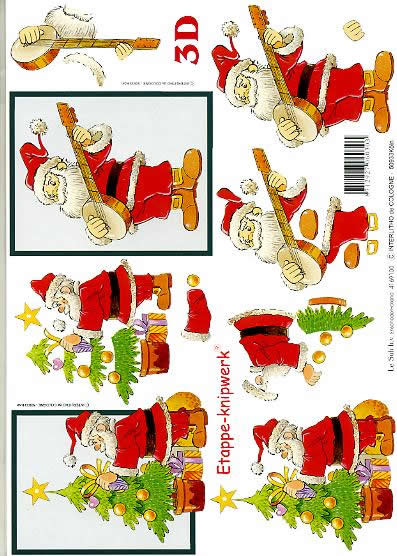 3D Bogen Weinachtsmann mit Gitarre - Format A4,  Weihnachten - Weihnachtsbaum,  Weihnachten - Weihnachtsmann,  Le Suh,  Weihnachten,  3D Bogen,  Weinachtsmann mit Gitarre,  Geschenke
