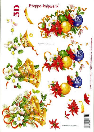 3D Bogen Weihnachtsglocke + Kugeln - Format A4, Pflanzen - Ilex,  Weihnachten - Weihnachtsstern,  Weihnachten - Glocken,  Le Suh,  Weihnachten,  3D Bogen,  Weihnachtsglocke + Kugeln,  Ilex