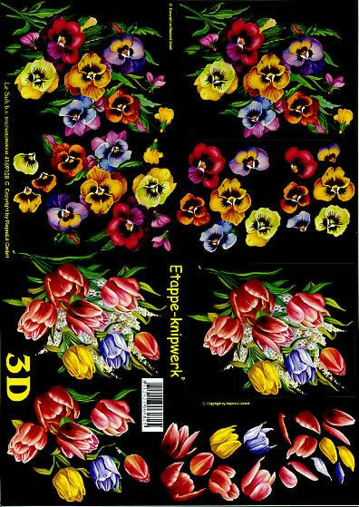 3D Bogen Veilchen + Tulpen - Format A4, Blumen - Stiefmütterchen,  Blumen - Tulpen,  Blumen -  Sonstige,  Le Suh,  Frühjahr,  3D Bogen,  Blumen