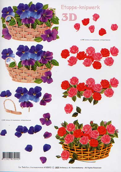 3D Bogen Veilchen + Rosen - Format A4, Blumen - Stiefmütterchen,  Blumen - Rosen,  Blumen -  Sonstige,  Le Suh,  3D Bogen,  Rosen,  Stiefmütterchen,  Korb