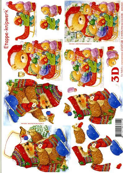 3D Bogen Weihn. Igel + Bär - Format A4, Tiere -  Sonstige,  Winter - Schlitten,  Winter - Schnee,  Le Suh,  Weihnachten,  3D Bogen,  Weihn. Igel + Bär,  Schlitten