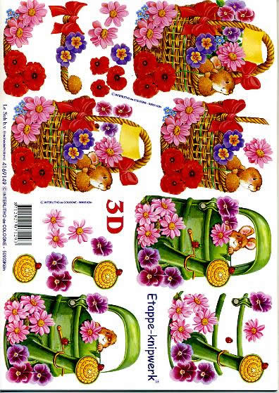 3D Bogen Blumen Korb Gießkanne - Format A4, Blumen - Stiefmütterchen,  Blumen - Primeln,  Blumen -  Sonstige,  Le Suh,  3D Bogen,  Blumen Korb Gießkanne