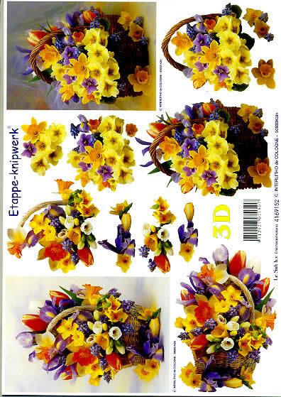 3D Bogen Korb mit Narzissen - Format A4, Blumen - Osterglocken,  Blumen - Krokus,  Ostern,  Le Suh,  Frühjahr,  3D Bogen,  Korb mit Narzissen,  Tulpen