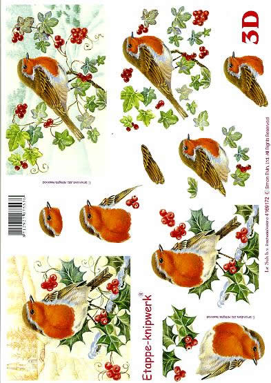 3D Bogen Rotkehlchen - Format A4, Weihnachten,  Pflanzen - Ilex,  Tiere - Vögel,  Le Suh,  Winter,  3D Bogen,  Rotkehlchen
