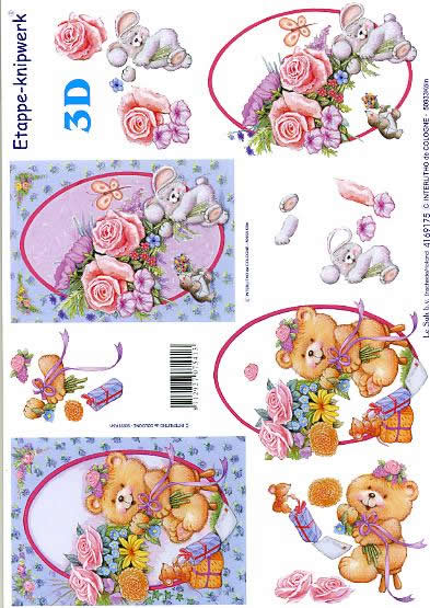 3D Bogen Blumen, Bär + Kanninchen - Format A4, Ereignisse -  Sonstige,  Blumen - Rosen,  Blumen -  Sonstige,  Le Suh,  3D Bogen,  Blumen,  Bär + Kanninchen,  Geschenke