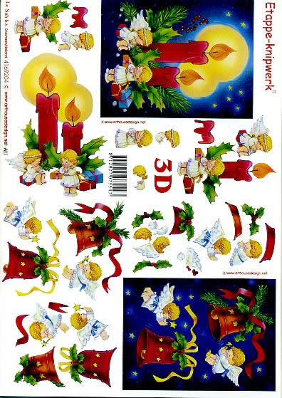 3D Bogen Kerze, Glocke + Engel - Format A4, Weihnachten - Kerzen,  Weihnachten - Engel,  Weihnachten - Glocken,  Le Suh,  Weihnachten,  3D Bogen,  Kerze,  Glocke + Engel,  Geschenke