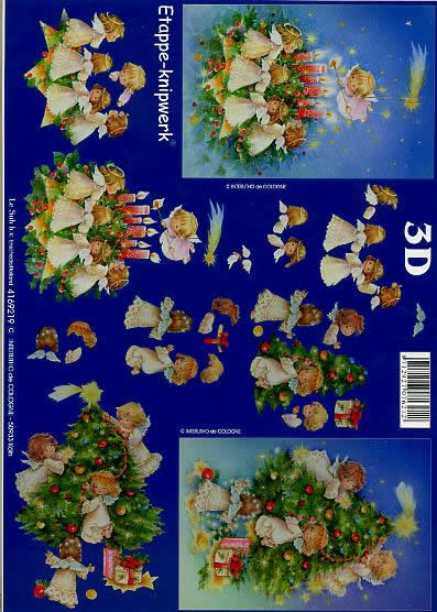 3D Bogen Engel auf blau - Format A4, Weihnachten - Engel,  Menschen - Personen,  Weihnachten - Weihnachtsbaum,  Le Suh,  Weihnachten,  3D Bogen,  Engel auf blau,  Kerzen,  Geschenke