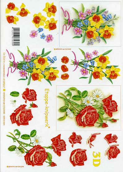 3D Bogen Narzissen + Rosen - Format A4, Blumen - Rosen,  Blumen - Osterglocken,  Blumen -  Sonstige,  Le Suh,  Frühjahr,  3D Bogen,  Narzissen + Rosen,  Strauß
