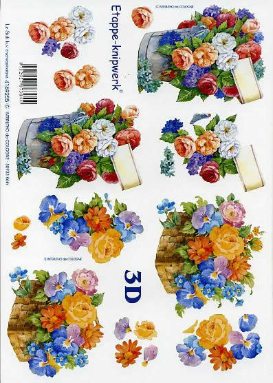 3D Bogen Blumen - Eimer + Korb - Format A4, Blumen - Primeln,  Blumen - Stiefmütterchen,  Blumen -  Sonstige,  Le Suh,  3D Bogen,  Blumen - Eimer + Korb,  Bunte Blumen