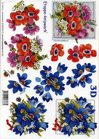 3D Bogen rote + blaue Blumen - Format A4,  Frühjahr,  Blumen - Mohn,  Le Suh,  3D Bogen,  rote + blaue Blumen,  Strauß