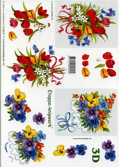 3D Bogen Strauß - Format A4, Blumen - Primeln,  Blumen - Stiefmütterchen,  Blumen - Tulpen,  Le Suh,  Frühjahr,  3D Bogen,  Strauß,  Bunte Blumen