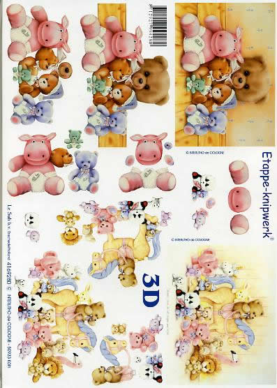 3D Bogen Kuscheltiere - Format A4, Menschen - Kinder,  Ereignisse - Geburtstag,  Ereignisse - Geburt,  Le Suh,  3D Bogen,  Kuscheltiere,  Babys,  Stofftiere