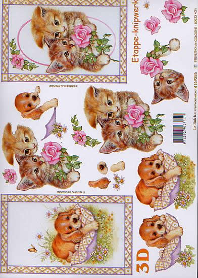 3D Bogen Katze + Hund - Format A4, Tiere - Hunde,  Tiere - Katzen,  Blumen - Rosen,  Le Suh,  3D Bogen,  Katze + Hund im Rahmen