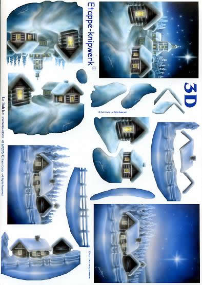 3D Bogen Schneehäuser blau - Format A4,  Winter,  Winter - Schnee,  Le Suh,  Weihnachten,  3D Bogen,  Schneehäuser blau