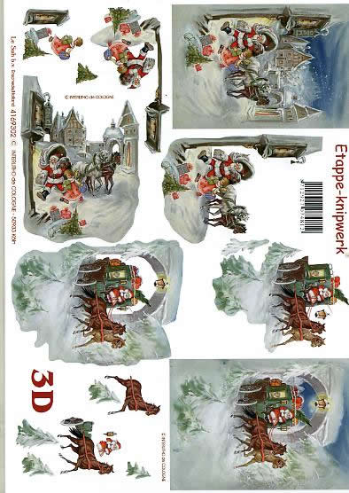 3D Bogen Weihnachtskutsche - Format A4, Weihnachten - Weihnachtsmann,  Winter - Schnee,  Le Suh,  Weihnachten,  3D Bogen,  Geschenke,  Pferdekutsche,  Winterhäuser