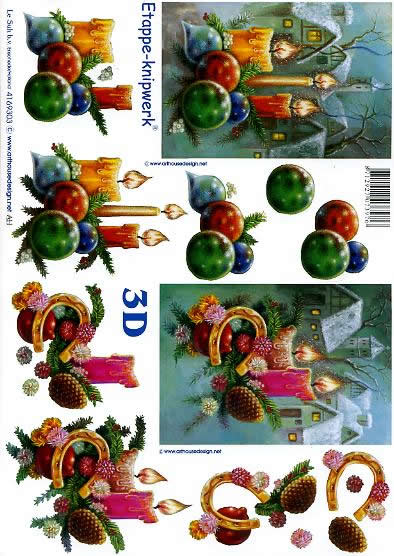 3D Bogen Weihnachtskerzen - Format A4, Weihnachten - Kerzen,  Winter - Schnee,  Weihnachten - Baumschmuck,  Le Suh,  Weihnachten,  3D Bogen,  Hufeisen,  Häuser