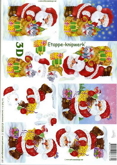 3D Bogen Weihnachtsmann - Format A4, Weihnachten - Geschenke,  Winter - Schnee,  Weihnachten - Weihnachtsmann,  Le Suh,  Weihnachten,  3D Bogen,  Weihnachtsmann mit Geschenken,  Tiere