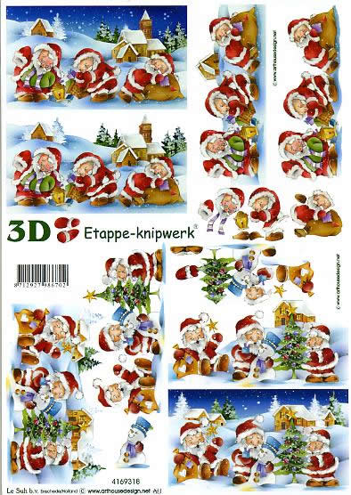 3D Bogen Weihnachtsmänner - Format A4, Weihnachten - Weihnachtsbaum,  Winter - Schnee,  Weihnachten - Weihnachtsmann,  Le Suh,  Weihnachten,  3D Bogen,  Winterlandschaft