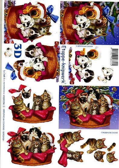 3D Bogen Weihnachtshund + Katze - Format A4, Weihnachten - Weihnachtsbaum,  Tiere - Hunde,  Tiere - Katzen,  Le Suh,  Weihnachten,  3D Bogen,  Weihnachtshund + Katze,  Korb