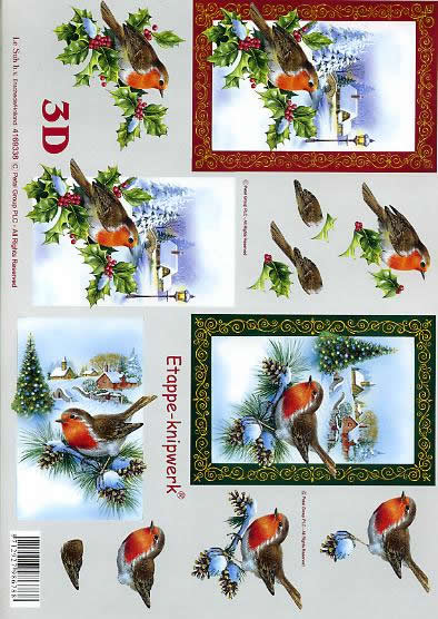 3D Bogen Weihnachts - Rotkehlchen - Format A4, Tiere - Vögel,  Pflanzen - Ilex,  Winter - Schnee,  Le Suh,  Weihnachten,  3D Bogen,  Weihnachts-Rotkehlchen,  Winterlandschaft