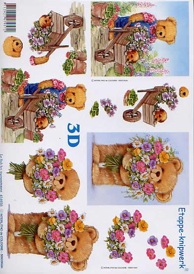 3D Bogen Bär im Garten - Format A4, Tiere - Bären,  Tiere -  Sonstige,  Blumen -  Sonstige,  Le Suh,  3D Bogen,  Bär im Garten,  Schubkarre,  Blumenstrauß