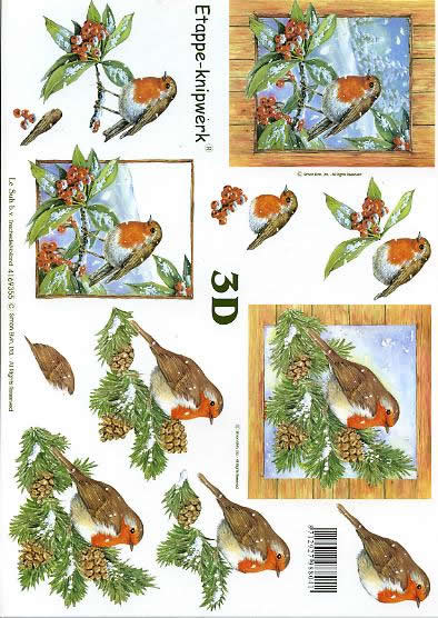 3D Bogen Rotkehlchen - Format A4, Tiere - Vögel,  Winter - Schnee,  Winter,  Le Suh,  Weihnachten,  3D Bogen,  Rotkehlchen,  Tannenzweig