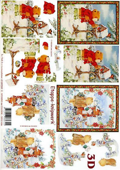 3D Bogen Bär + Vogelhaus - Format A4,  Tiere - Bären,  Winter - Schnee,  Le Suh,  Weihnachten,  3D Bogen,  Bär + Vogelhaus,  Weihnachtbriefkasten