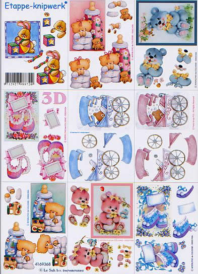 3D Bogen Kleine Babys - Format A4,  Spielsachen - Stofftiere,  Ereignisse - Geburt,  Le Suh,  3D Bogen,  Kleine Babys,  Babyschuhe,  Spielsachen,  Kinderwagen,  Pastell Bärchen