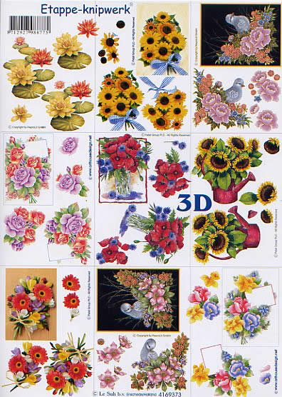 3D Bogen Klein Blumen - Format A4, Blumen - Seerosen,  Blumen - Sonnenblumen,  Blumen -  Sonstige,  Le Suh,  3D Bogen,  Klein Blumen, Strauß,  Vase,  Lilie mit Vogel,  Kornblume,  Klatschmohn