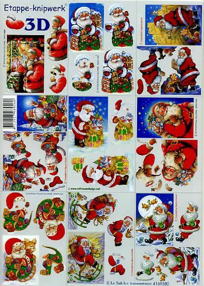 3D Bogen Klein Weihnachtsmänner - Format A4, Winter - Schnee,  Winter - Schlitten,  Weihnachten - Weihnachtsmann,  Le Suh,  Weihnachten,  3D Bogen,  Klein Weihnachtsmänner,  Tiere,  Geschenke,  Baumschmuck