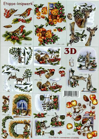 3D Bogen Klein Weih. Tiere - Format A4, Tiere - Bären,  Tiere - Rentiere,  Winter - Schnee,  Le Suh,  Weihnachten,  3D Bogen,  Klein Weih. Tiere,  Tannenzweig,  Ilex,  Äpfel