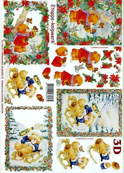 3D Bogen Bären im Wald - Format A4, Ereignisse - Feier,  Winter - Schlitten,  Winter - Schnee,  Le Suh,  Weihnachten,  3D Bogen,  Bären im Wald,  Ilex,  Sekt,  Silvester,  Tannenzweige,  Tannenzapfen,  Vögel,  Hasen,  Christrosen