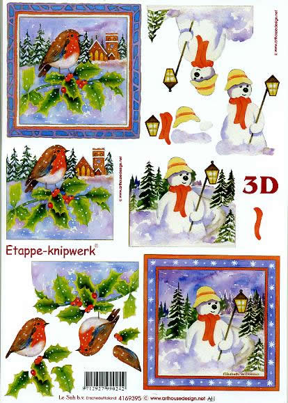 3D Bogen Vögel + Schneemann - Format A4, Tiere - Vögel,  Winter - Schneemänner,  Winter - Kristalle / Flocken,  Le Suh,  Winter,  3D Bogen,  Ilex,  Laterne