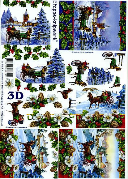 3D Bogen Kutschen - Format A4, Menschen - Personen,  Blumen - Christrosen,  Winter - Schnee,  Le Suh,  Weihnachten,  3D Bogen,  Kutschen,  Ilex,  Winterlandschaft,  Tannenzapfen