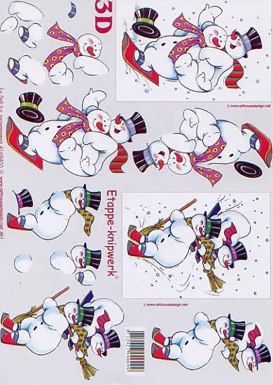 3D Bogen Schneemänner - Format A4, Winter - Schnee,  Sonstiges - Comic / Ulk,  Winter - Schneemänner,  Le Suh,  Winter,  3D Bogen,  Schneemänner auf Ski