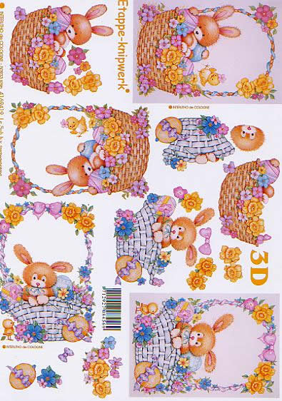 3D Bogen Hase im Korb - Format A4, Ostern - Ostereier,  Le Suh,  Ostern,  3D Bogen,  Hase im Korb,  Osterkorb,  Narzissen