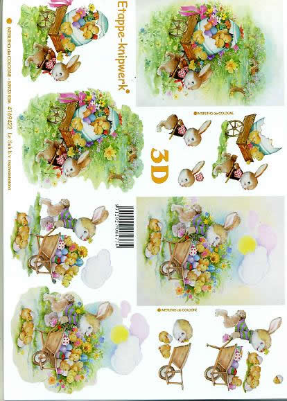 3D Bogen Hase mit Schubkarre - Format A4, Ostern - Ostereier,  Le Suh,  Ostern,  3D Bogen,  Hase mit Schubkarre,  Blumenwiese