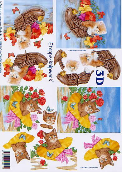 3D Bogen Katze, Schuh, Hütte, - Format A4, Tiere - Katzen,  Blumen - Rosen,  Blumen -  Sonstige,  Le Suh,  3D Bogen,  Katze,  Schuh,  Hut mit Schleife,  Schmetterlinge