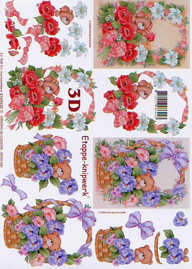 3D Bogen Blumenkörbe - Format A4, Tiere - Bären,  Blumen - Stiefmütterchen,  Blumen -  Sonstige,  Le Suh,  3D Bogen,  Blumenkörbe,  Lilie