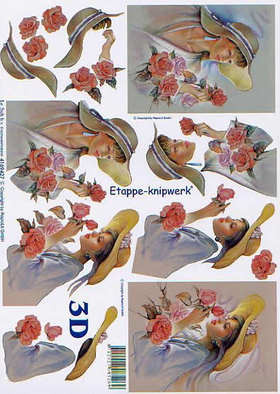 3D Bogen Dame mit Hut + Rose - Format A4, Blumen - Rosen,  Blumen -  Sonstige,  Menschen - Personen,  Le Suh,  3D Bogen,  Dame mit Hut + Rose,  Romantik