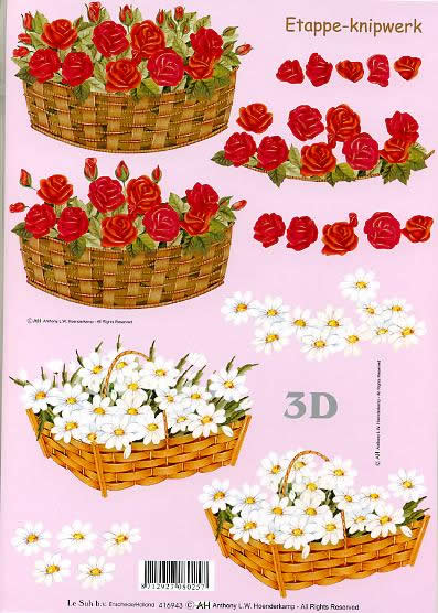 3D Bogen Weißer Korb + rote Blumen - Format A4,  Blumen -  Sonstige,  Blumen - Rosen,  Le Suh,  Sommer,  3D Bogen,  Blumenkorb mit rot+weißen Blumen