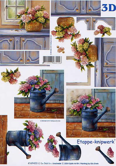 3D Bogen Hortensie + Gießkanne - Format A4,  Blumen -  Sonstige,  Le Suh,  Frühjahr,  3D Bogen,  Hortensie + Gießkanne,  Blumenkorb auf Schrank