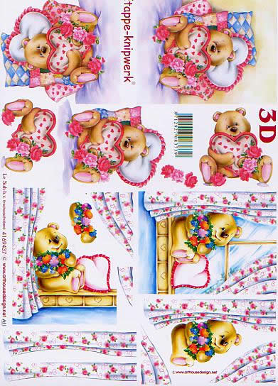 3D Bogen Valentine - Bär - Format A4, Blumen -  Sonstige,  Tiere - Bären,  Ereignisse - Liebe,  Le Suh,  3D Bogen,  Valentine Bär am Fenster