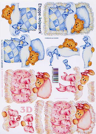 3D Bogen Baby - Bär - Format A4,  Tiere - Bären,  Ereignisse - Geburt,  Le Suh,  3D Bogen,  Baby-Bär mit Decke Rosa+Blau