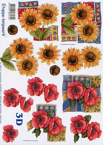 3D Bogen Klatschmoon + Sonnenblumen - Format A4, Blumen - Sonnenblumen,  Blumen - Mohn,  Blumen -  Sonstige,  Le Suh,  3D Bogen,  Klatschmohn auf buntem Muster,  Sonnenblumen
