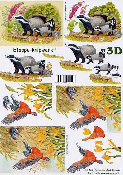 3D Bogen Dachs und Eisvogel - Format A4, Blumen -  Sonstige,  Tiere - Vögel,  Regionen - Wald / Wiesen,  Le Suh,  3D Bogen,  Dachs und Eisvogel,  Wildtiere