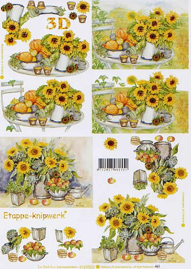3D Bogen Sonnenblumenbär - Format A4, Früchte - Kürbisse,  Blumen - Sonnenblumen,  Blumen -  Sonstige,  Le Suh,  Herbst,  3D Bogen,  Obst,  Strauß in Vase,  Gießkanne