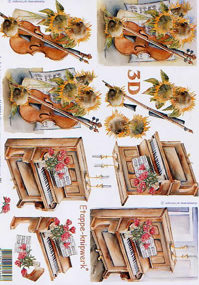 3D Bogen Geige + Orgel - Format A4, Blumen - Sonnenblumen,  Blumen -  Sonstige,  Sonstiges - Musik,  Le Suh,  3D Bogen,  Geige + Orgel,  Noten