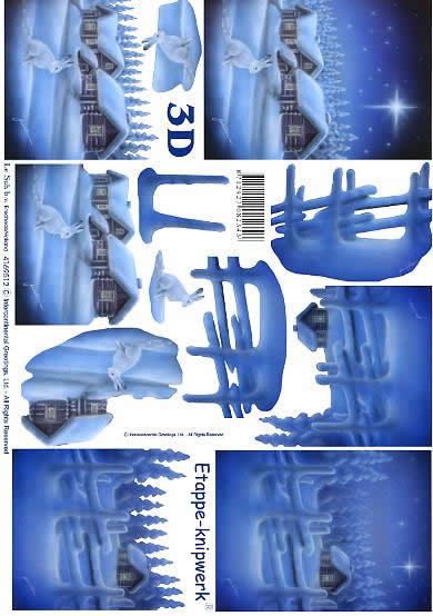 3D Bogen Häuschen im Schnee - Format A4,  Tiere - Hasen,  Winter - Schnee,  Le Suh,  Winter,  3D Bogen,  Häuschen im Schnee,  Winterlandschaft