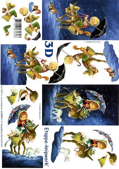 3D Bogen Kinder auf Esel - Format A4, Menschen - Kinder,  Tiere -  Sonstige,  Winter - Schnee,  Le Suh,  Weihnachten,  3D Bogen,  Kinder auf Esel,  Hund,  Eichhörnchen,  Regenschirm,  Lämmchen